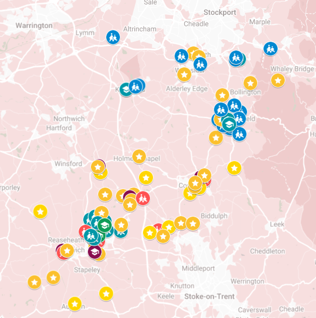 A map of East Cheshire MHST schools