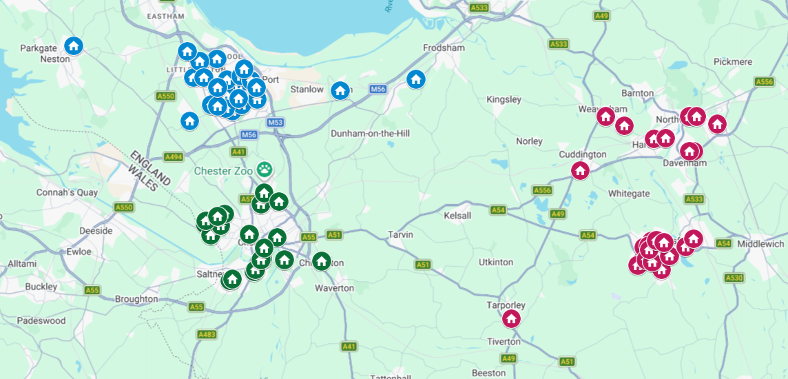A map of West Cheshire MHST schools